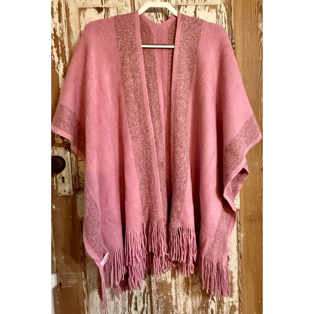 Kollie More Knitted Acrylic Wrap Shawl w/ Fringe - Pink w/ Gold Metallic